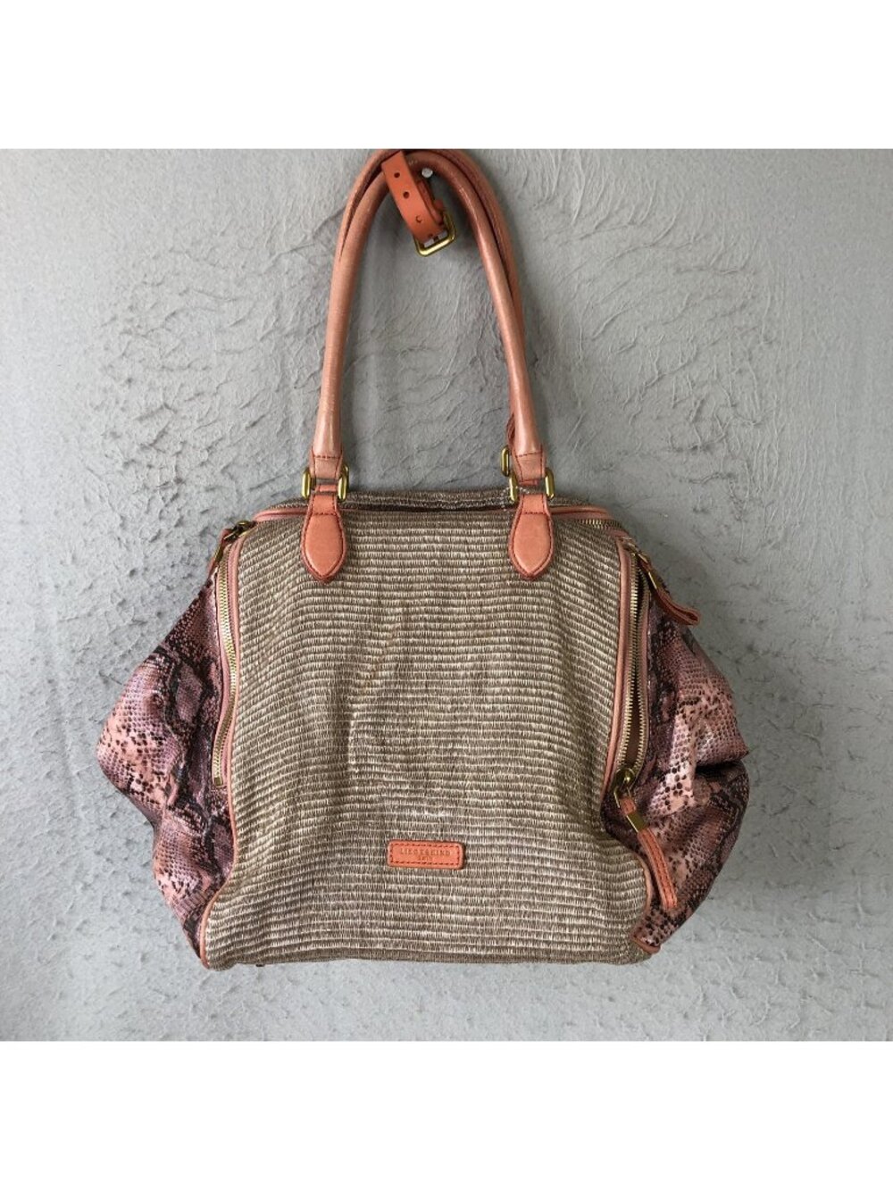Liebeskind Berlin Satchel Handbag Womens Large Pink Snakeskin Canvas Leather Zip